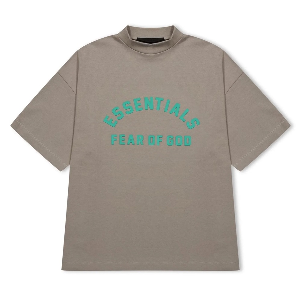 FEAR OF GOD ESSENTIALS Gray T-Shirt Green Logo XXS Oversized